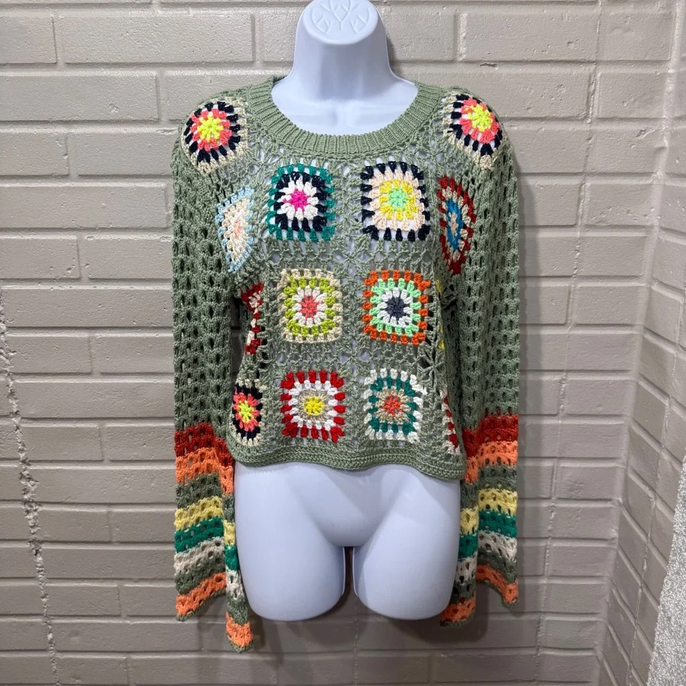 Davi & Dani Crochet Granny Square Bell Sleeve Cropped Sweater S Hippie Festival - Picture 3 of 14